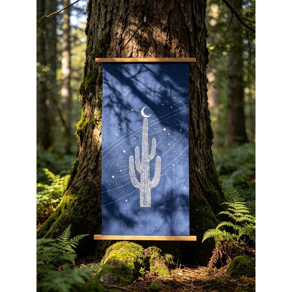 Starry Desert Cactus Indigo Batik Wall Art, Crescent Moon Tapestry Scroll